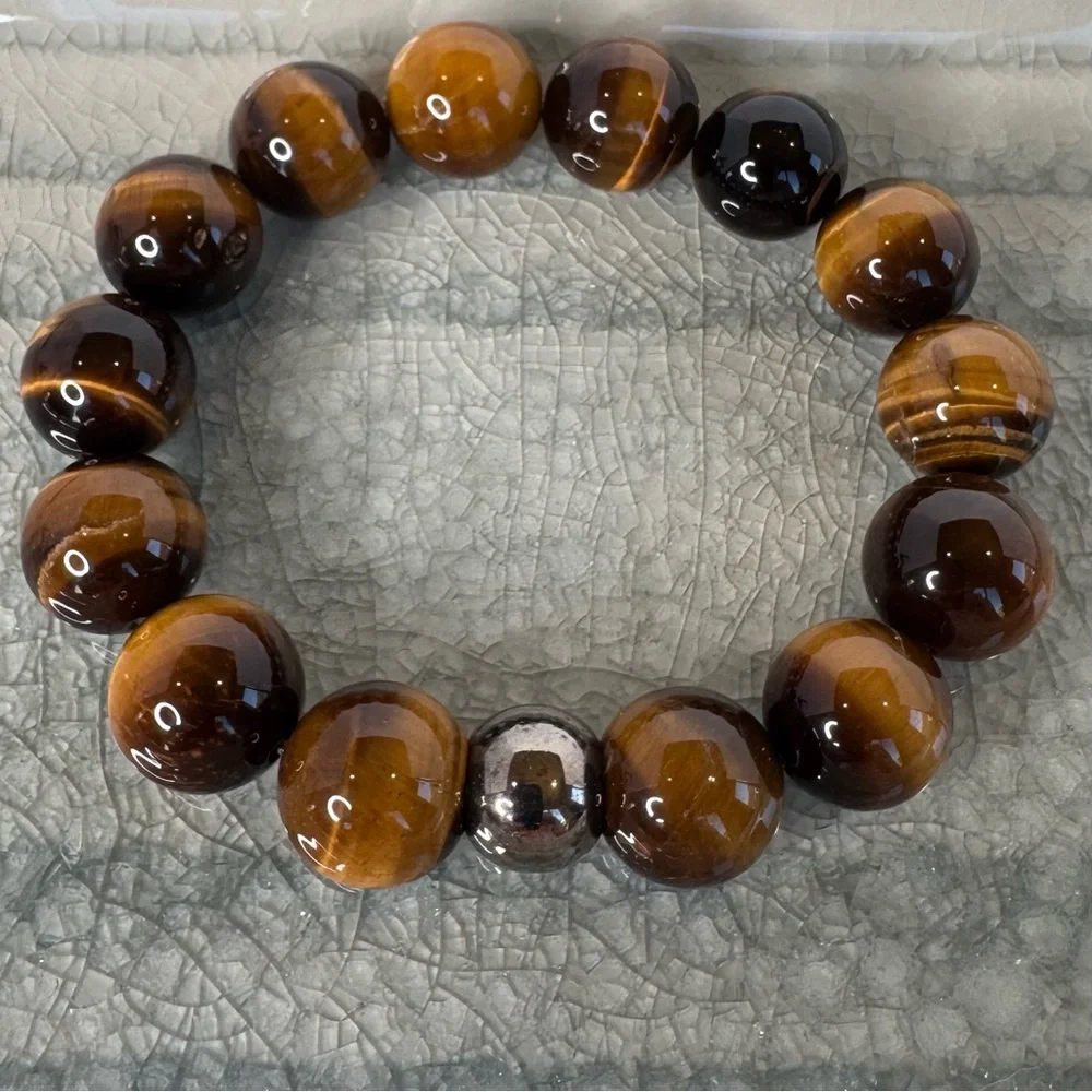 Hand Crafted Tiger Eye Gemstone Beaded Stretch Bracelet 6.75” 14mm NWT